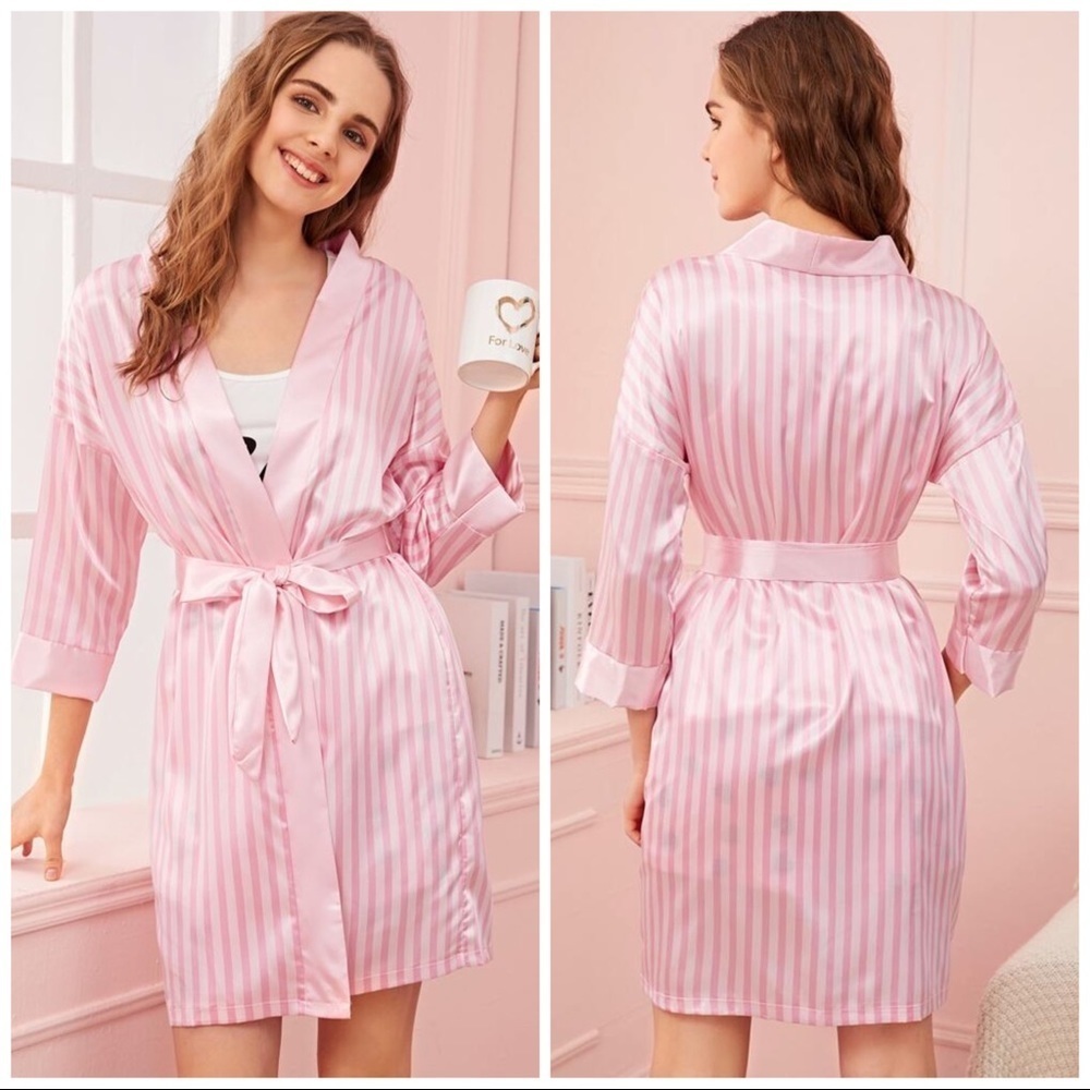 New Pink Striped Satin Silk-Like Kimono Robe - Picture 2 of 4